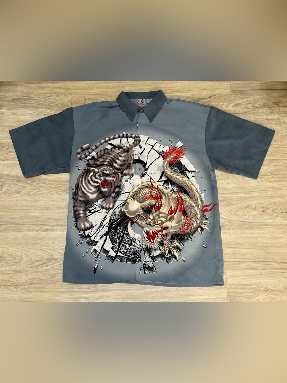Vintage Y2K Billion Bay Dragon Tiger All Over Print Shirt Asian Streetwear Cyber